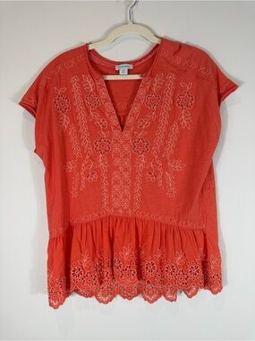 Sundance Coral Embroidered Split-Neck Peplum Tunic Size XS